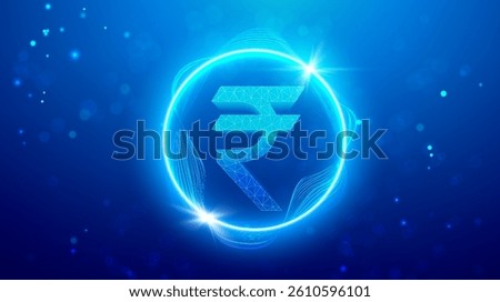 Digital rupee symbol with glowing circular wave and polygon mesh design, futuristic Indian currency icon on blue abstract background. Ppt webinar presentation bg for banner template.
