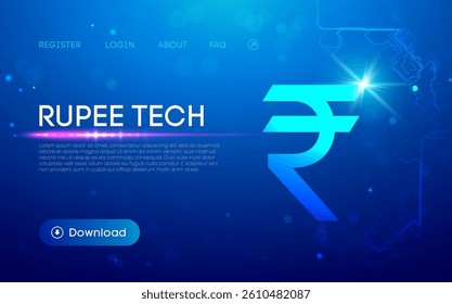 Digital rupee technology interface with glowing Indian currency symbol, futuristic financial background, fintech network connections. Ppt webinar presentation bg for banner template.