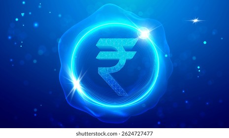 Interface de tecnologia de rupia digital com símbolo de moeda indiana brilhante, fundo financeiro futurista, conexões de rede fintech, design de circuito azul de néon abstrato