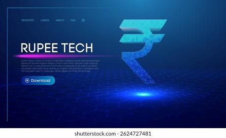 Interface de tecnologia de rupia digital com símbolo de moeda indiana brilhante, fundo financeiro futurista, conexões de rede fintech