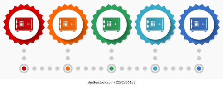 Caja de seguridad digital, banco, conjunto de iconos de vector de negocio, plantilla de infografía colorida, conjunto de iconos de placa de diseño plana en 5 opciones de color