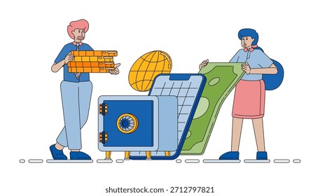 digital safe connected to online apps showing secure internet storage and modern money protection technology vector cartoon. Can be used for cartoon, website, banner, brosur, flayer