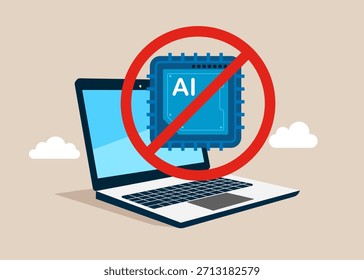 Seguridad digital y restricción tecnológica. Portátil sin IA. Protesta contra la tecnología de inteligencia artificial. Ilustración plana de Vector