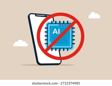 Segurança digital e restrição tecnológica. Smartphone sem IA. Protesto contra tecnologia de inteligência artificial. Ilustração em plano vetorial