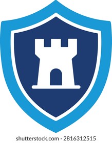 Digital safety vector symbol. Guarded shield emblem. Data defense illustration. Medieval castle security concept. Secure storage protection.