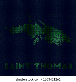 Digital Saint Thomas logo. Island symbol in hacker style. Binary code map of Saint Thomas with island name. Classy vector illustration.