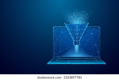 Embudo de ventas digitales en laptop. Concepto de Big Data sobre fondo azul tecnológico. Resumen de flujo de datos y filtro en pantalla. Ilustración de vectores de mallas de baja densidad. Estilo poligonal del cielo estrellado.