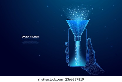 Digital Sales Funnel on a phone screen in a human hand. Big Data Concept on Technological Background. Abstract Data Flow and Filter. Low Poly Wireframe Vector Illustration in futuristic style.
