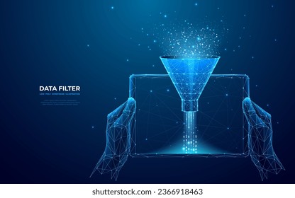 Embudo de ventas digitales en una pantalla de tablet en manos humanas. Concepto de Big Data sobre Antecedentes Tecnológicos. Resumen de flujo y filtro de datos. Ilustración de vectores de alambre de baja polilla en estilo futurista.