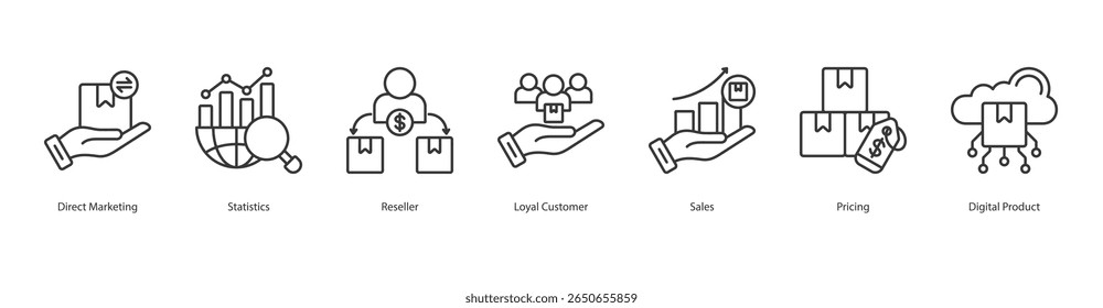 Digital Sales icon set collection concept with icon of direct marketing, statistics, reseller, loyal customer, sales, pricing, digital product