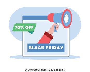 Digital sales marketing, online with megaphone via website. Character design. Vector flat illustration
