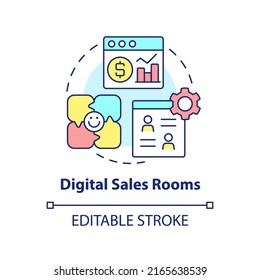 Digital Sales Rooms Concept Icon. Selling Tool Abstract Idea Thin Line Illustration. Virtual Channels For Content Sharing. Isolated Outline Drawing. Editable Stroke. Arial, Myriad Pro-Bold Fonts Used