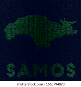 Digital Samos logo. Island symbol in hacker style. Binary code map of Samos with island name. Elegant vector illustration.