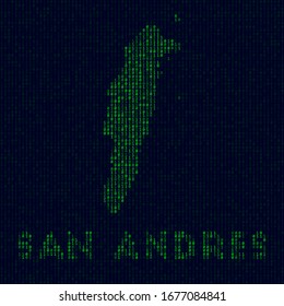 Digital San Andres logo. Island symbol in hacker style. Binary code map of San Andres with island name. Modern vector illustration.