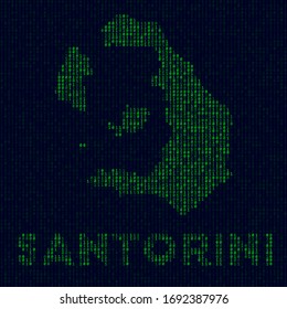 Digital Santorini logo. Island symbol in hacker style. Binary code map of Santorini with island name. Stylish vector illustration.