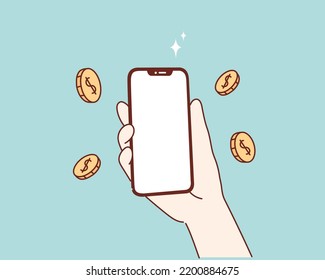 Digital Saving Money Online and blank space on phone. Hand drawn style vector design illustrations.