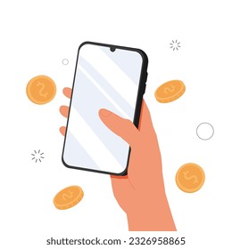 Ahorro digital de dinero en línea y espacio en blanco en el teléfono. Ilustraciones de diseño vectorial de estilo dibujado a mano.