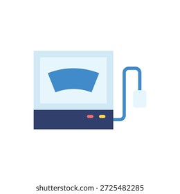 Uma escala digital com uma tela azul e uma base azul escura é exibida em um fundo branco. A escala apresenta um design simples e moderno, tornando-o adequado para várias aplicações, incluindo saúde, fitness e uso médico. A ilustração destaca a interface elegante e precisa do dispositivo, enfatizando sua funcionalidade e precisão.