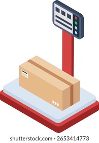 Balança digital pesando uma caixa de papelão com etiqueta de código de barras, preparada para entrega nos setores de transporte e logística, destacando a eficiência nos processos de distribuição