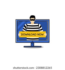 Digital Scam Concept: Illustration of a scammer holding a board with the text 'Download Now'