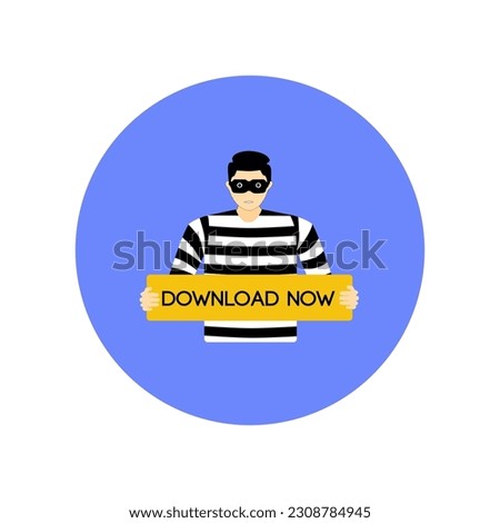 Digital Scam Concept: Illustration of a scammer holding a board with the text 'Download Now'