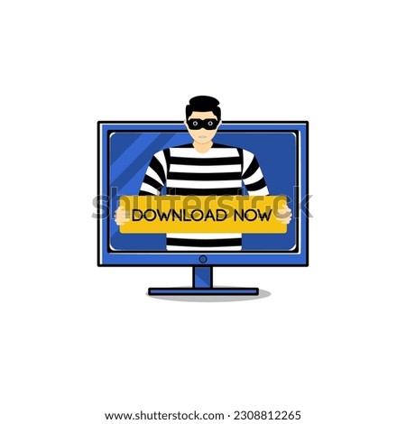 Digital Scam Concept: Illustration of a scammer holding a board with the text 'Download Now'