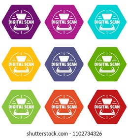 Digital scan icons 9 set coloful isolated on white for web