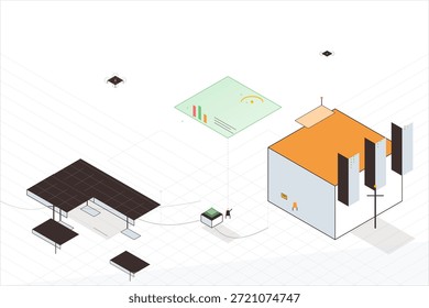 A digital scene shows geometric shapes such as buildings and platforms. A person stands near a green square interacting with elements in a simple, organized layout.