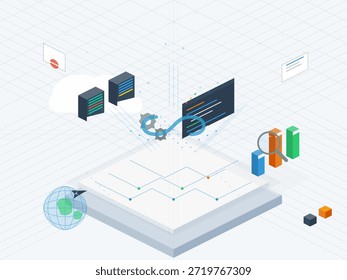 Eine digitale Szene zeigt eine Netzwerkverbindung zu einem Cloud-Datendienst. Es gibt Diagramme, Server und Tools für die Datenanalyse. Diese Einstellung konzentriert sich auf Technologien für die geschäftliche Nutzung.