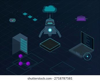 Eine digitale Szene zeigt Robotertechnologie, die mit Cloud-Speicher verbunden ist. Es gibt Server-Racks, einen Laptop und Datendarstellungen. Hier werden moderne Datenverwaltungsaufgaben dargestellt.