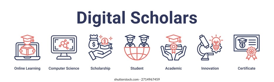 Digital Scholars banner web icon vetor ilustração conceito para a educação com ícone de Aprendizagem Online, Ciência da Computação, Bolsa de Estudo, Estudante, Acadêmico, Inovação.