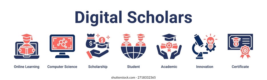 Digital Scholars banner web icon vetor ilustração conceito para a educação com ícone de Aprendizagem Online, Ciência da Computação, Bolsa de Estudo, Estudante, Acadêmico, Inovação.