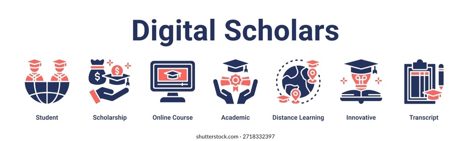 Digital Scholars banner web ícone vetor ilustração conceito para a educação com ícone de Estudante, Bolsa de Estudo, Curso Online, Acadêmico, Distance Learning, Inovador.