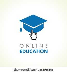 Digitale Schulbildung klicken Sie auf das Logo. Online-Vektorillustration-Illustration mit akademischer Obergrenze. Soft-Symbol für E-Book, E-Bibliothek oder E-Reader
