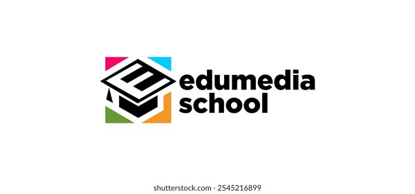 Design do logotipo da escola digital. ilustração do design do logotipo da educação. logotipo do chapéu colorido e conceito de mídia