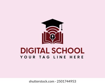Digital School Logo Design, Wifi Icon with Graduation cap Logo Design