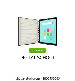 Digital school. Online educational blue vector logo. Open book with pages and screen. Virtual i.q. course identity. E-book  e-library or e-reader soft. Icon of learning or scientific conference.