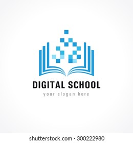 Digital school. On-line educational blue vector logo. Open book with pages and pixels. Virtual i.q. courses identity. E-book, e-library or e-reader soft. Icon of learning or scientific conference.