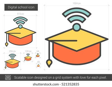 Icono de línea vectorial de escuela digital aislado en fondo blanco. Icono de línea de escuela digital para infografía, sitio web o aplicación. Icono escalable diseñado en un sistema de cuadrícula.