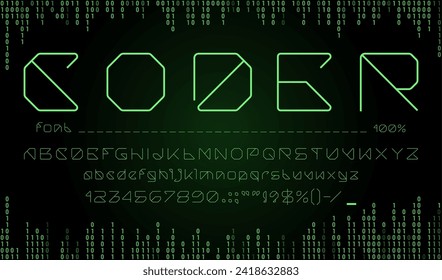 Digital sci fi tech font, code type, futuristic typeface, english alphabet with sharp edges, green neon glow, binary code and linear styling, perfect for creating futuristic and high-tech vibes