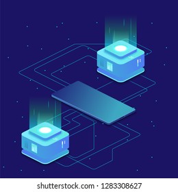 Digital science concept, server room, cloud storage, data exchange, computer memory, abstract lighting isometric