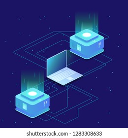 Digital science concept, server room, cloud storage, data exchange, computer memory, abstract lighting isometric