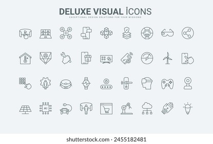 Digital science innovation to control VR glasses and gloves, modern robots, metaverse thin black and red symbols vector illustration. New smart technology of future and devices line icons set