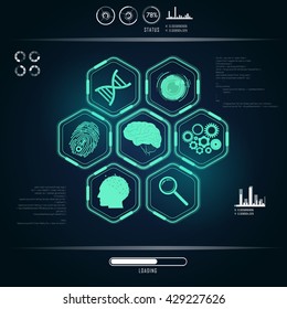 Digital Science Interface Of Health Care Technology With Dna, Brain, Fingerprint, Eye And Cog Wheel Sign, Concept Of Biometric 