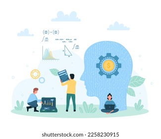 Digital science technology vector illustration. Cartoon tiny people work with circuit, microchips and gears in artificial brain of abstract human head, engineering teamwork with neural network