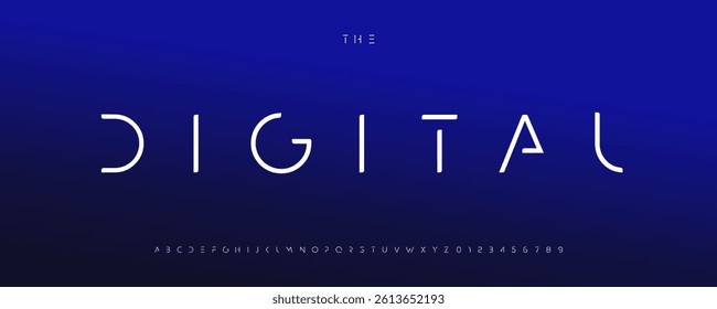 Digital sci-fi font, futuristic techno letters, minimalist sleek typeface with geometric shapes, cyber display alphabet for innovative branding, next-gen UI headlines and logo. Vector typeset.