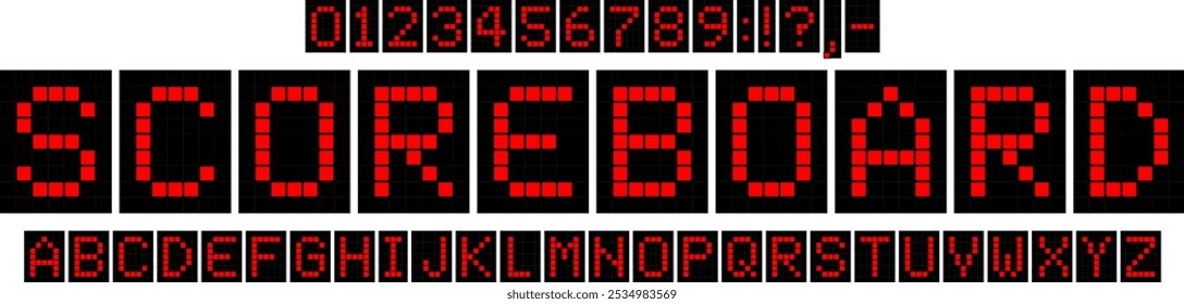 Digital scoreboard font with pixel-style letters in red on a black background, evoking classic LED displays. Perfect for sports branding, digital projects, gaming interfaces. Vector typeset.