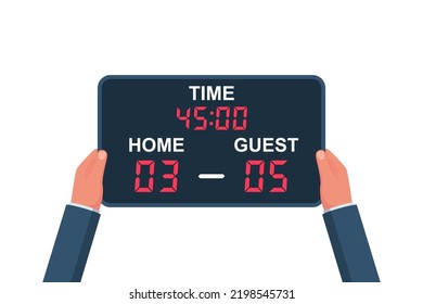 Digital scoreboard with time and result display. Football mechanical scoreboard holding in hand. Sports template for design. Graphic sport element. Vector flat design. Isolated on white background.