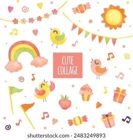 Digital scrapbook collage in shabby chic vintage old paper book texture cute decoration icon elements