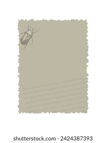 Digital scrapbooking element old vintage paper with Lorem ipsum text and beetle stamp, for vintage collage design.